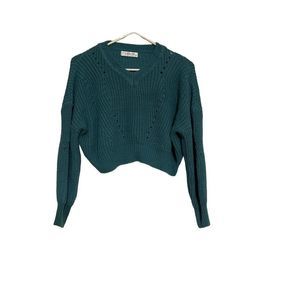 Jon & Anna teal green long sleeve crop top woven sweater size medium